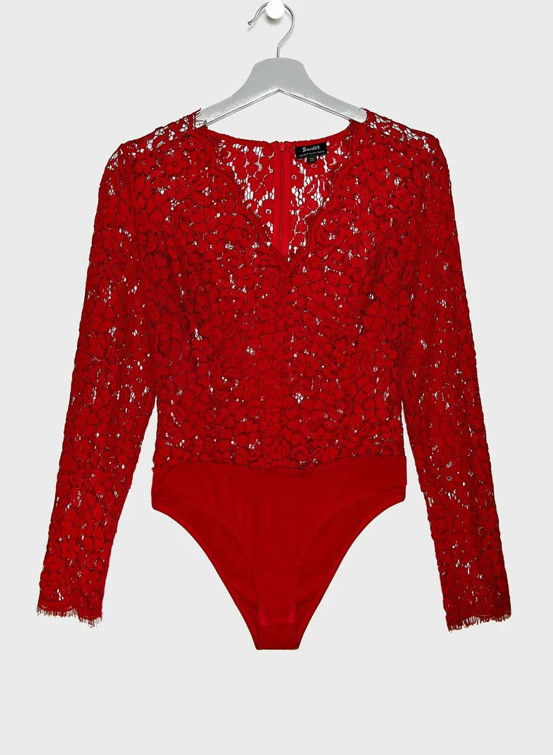 Bardot Lace Long Sleeved Plunge Bodysuit