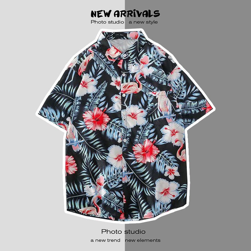 Japanese Style Instagram Style Summer Short-sleeved Floral Shirt for Men and Women Retro Loose Shirt for Hawaiian Beach Couple Black