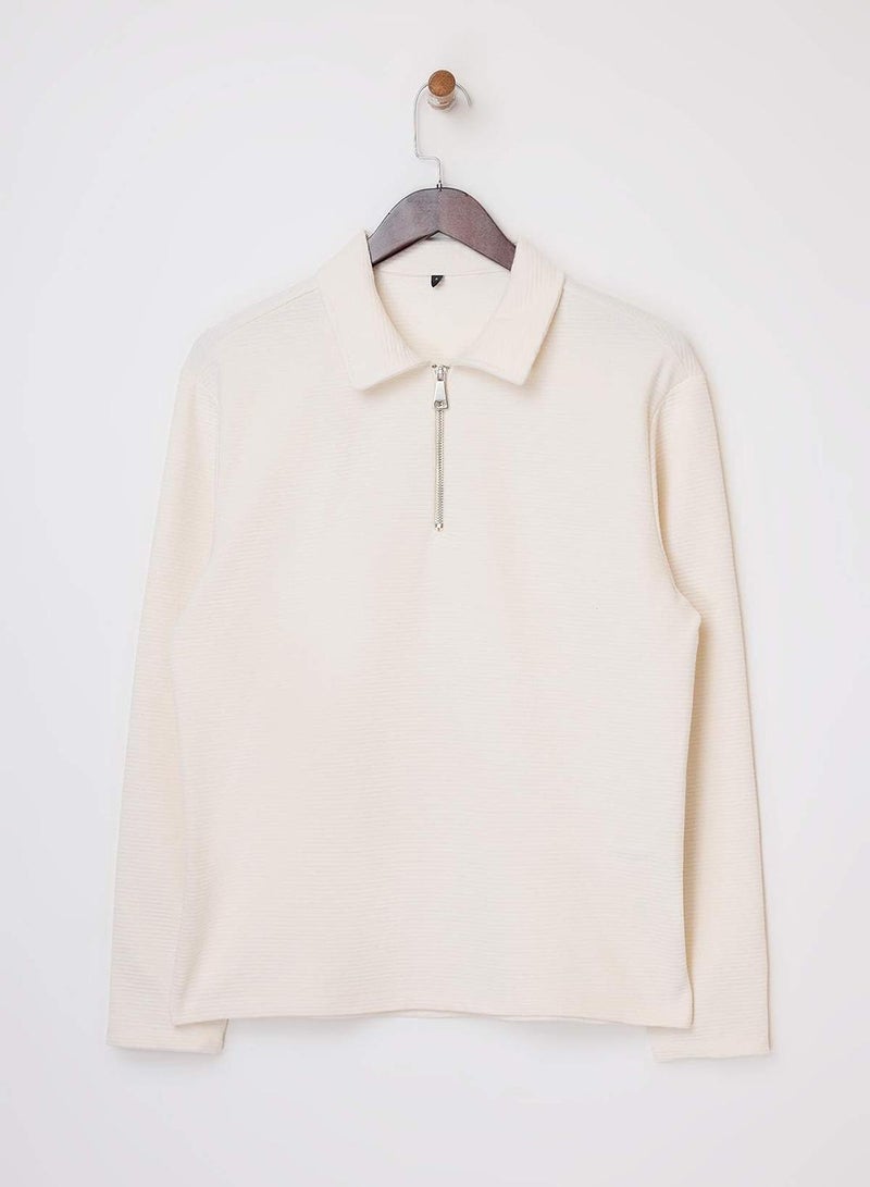 trendyol Ecru Loose Fit Textured Zippered Long Sleeve Polo Neck T-Shirt - Image 1