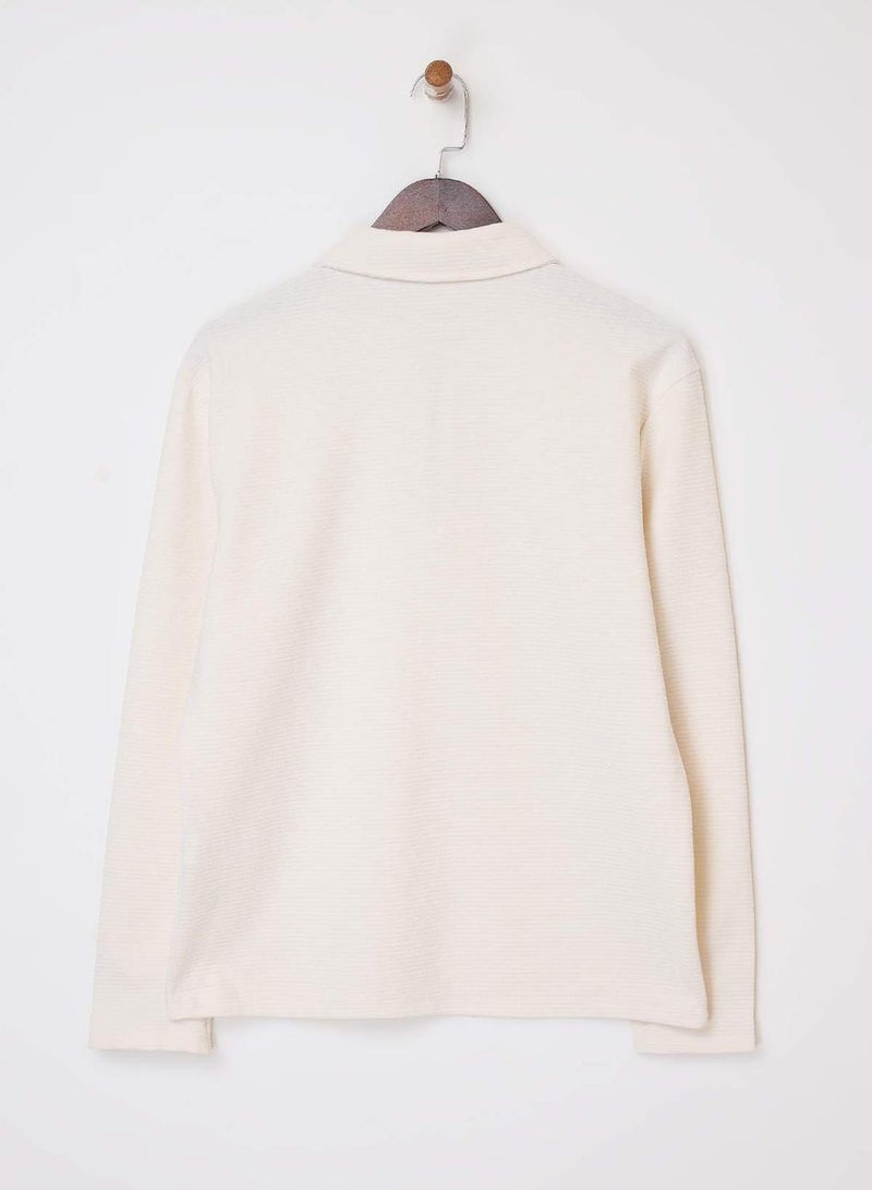 trendyol Ecru Loose Fit Textured Zippered Long Sleeve Polo Neck T-Shirt - Image 2