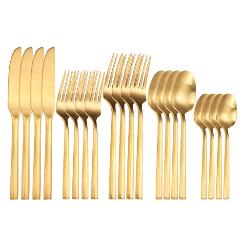 Zerophilo Matte Silverware Set Gold Flatware Set with Hexagon Handle 20 Pieces 18/0 Stainless Steel Cutlery Set Wedding Housewarming Gift Service for 4 (Matt gold) - Image 2