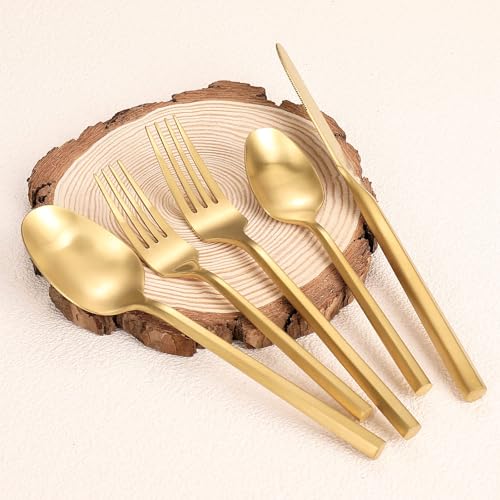 Zerophilo Matte Silverware Set Gold Flatware Set with Hexagon Handle 20 Pieces 18/0 Stainless Steel Cutlery Set Wedding Housewarming Gift Service for 4 (Matt gold) - Image 1