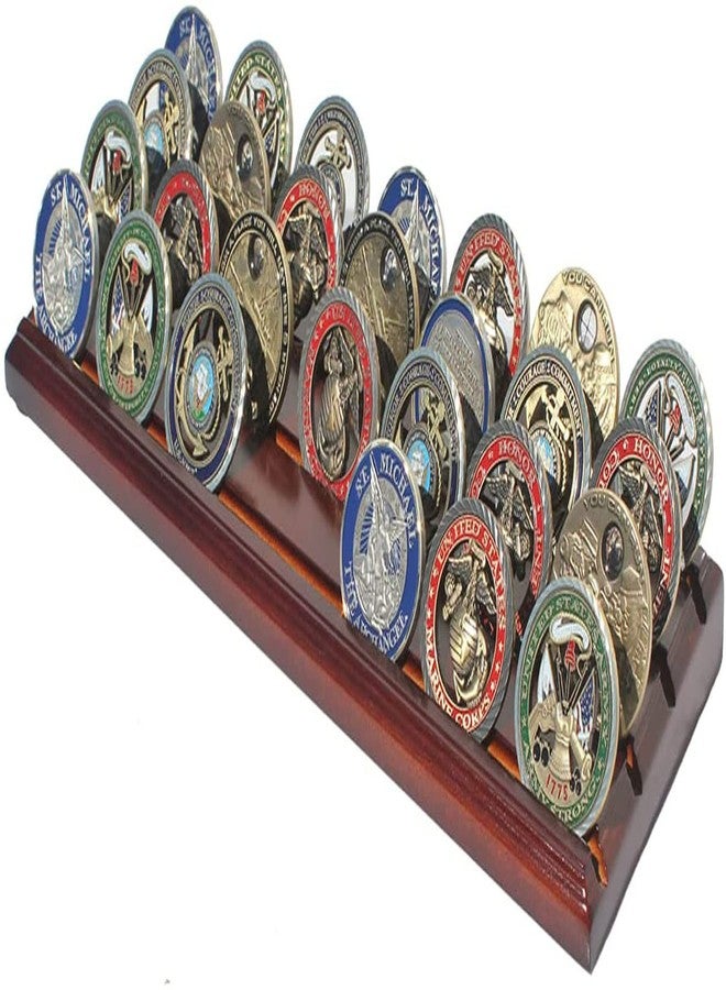 DisplayGifts Challenge Coin Display Stand 4 Row Wooden Holder Rack Case Holds 28 Coins Walnut Finish - Image 1