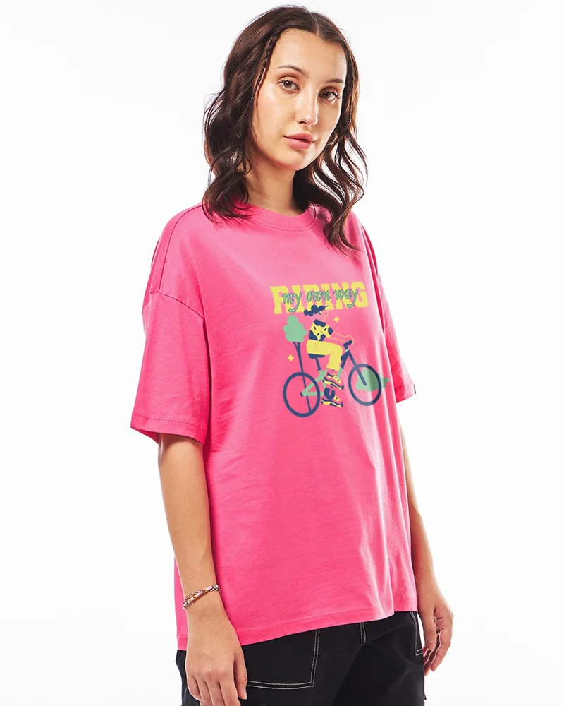 بيواكوف Women's Fandango Pink Bike Graphic Printed Oversized T-shirt