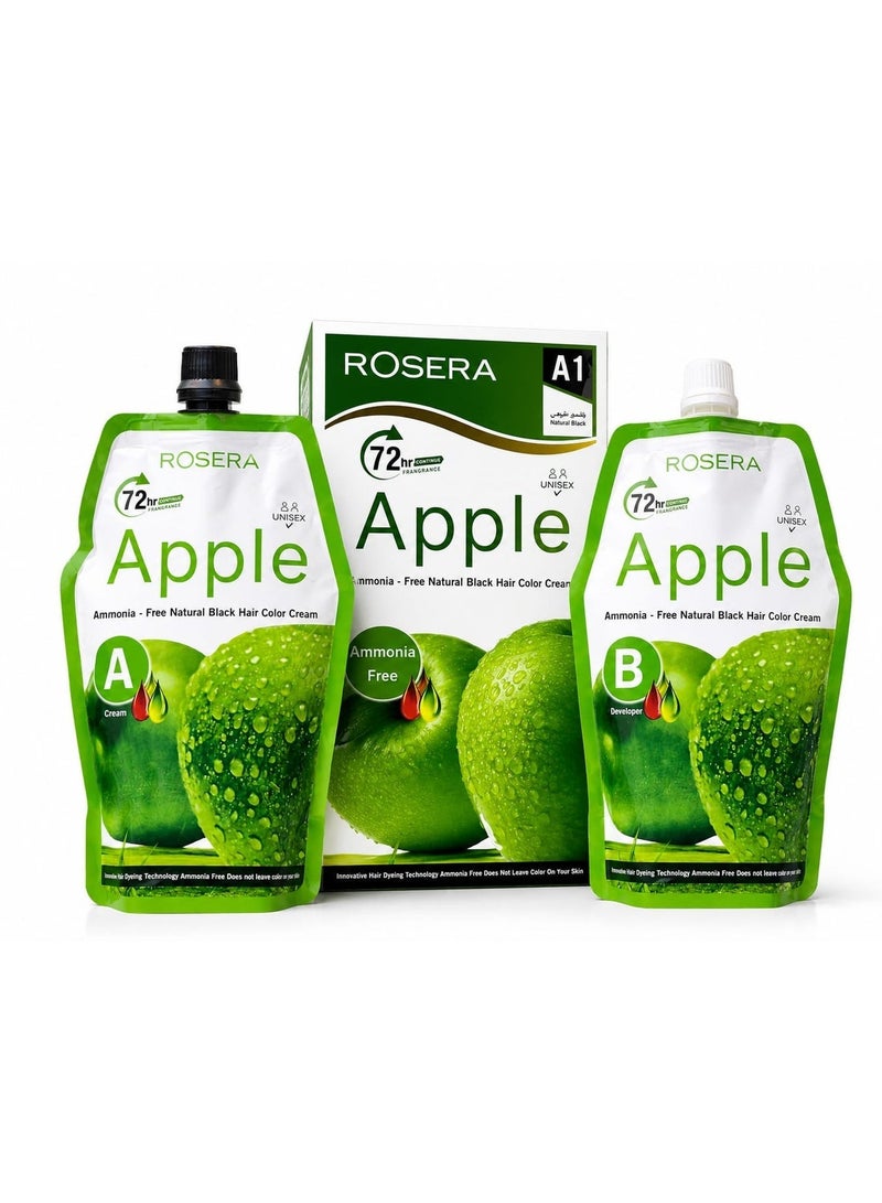 ROSERA Ammonia Free Hair Color Cream - 500 ml Cream + 500 ml Developer - Apple (Natural Black ) - Image 1