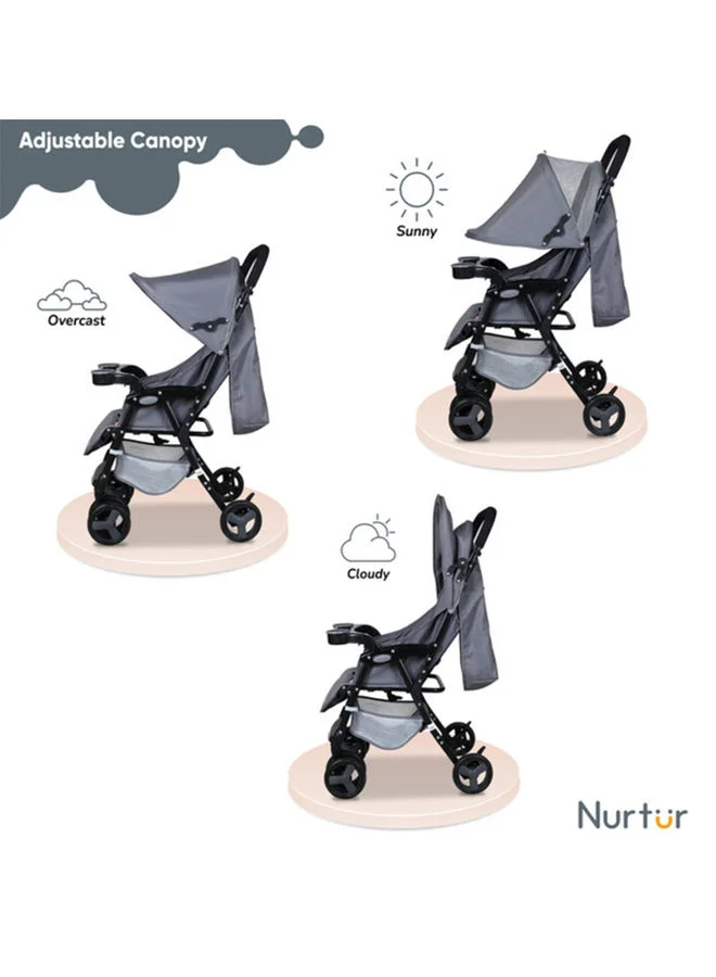 Nurtur Ryder Ultra Compact Lightweight Baby Travel Stroller with Storage Basket, Detachable Food Tray, Reclining Seat and Leg Rest, 0-36 Months, , Grey Printed