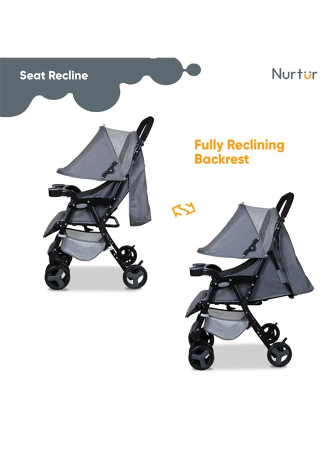 Nurtur Ryder Ultra Compact Lightweight Baby Travel Stroller with Storage Basket, Detachable Food Tray, Reclining Seat and Leg Rest, 0-36 Months, , Grey Printed