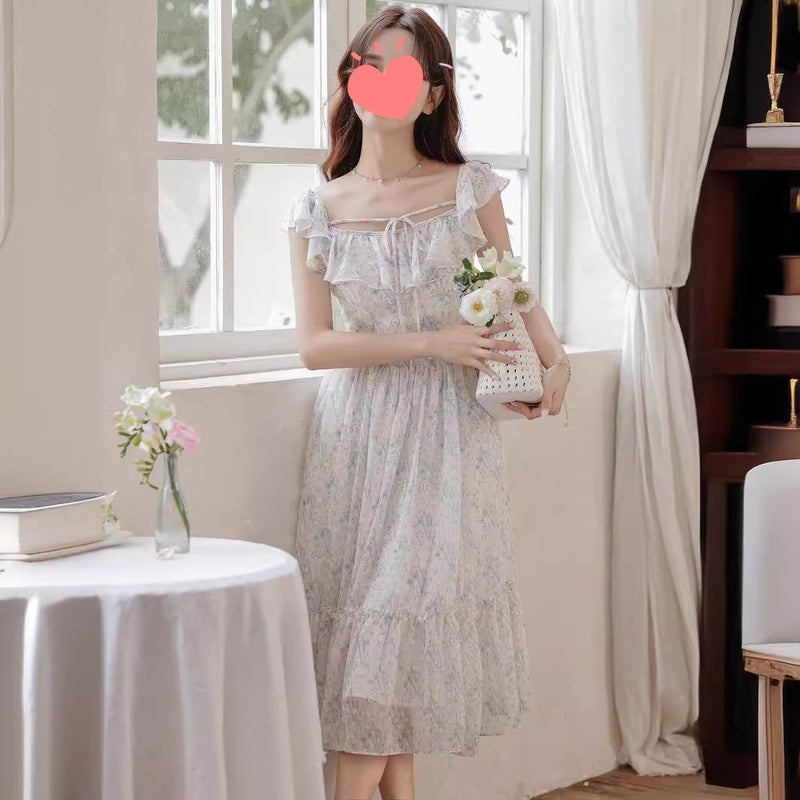 Cross-border Romantic Girl Holiday Style Fairy Floral Dress Beautiful off-shoulder Temperament dress Womens Summer Foreign Trade blue 6008] 