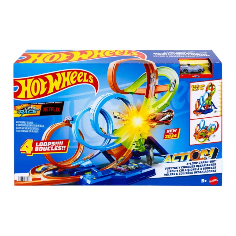 Hot Wheels Action 4-Loop Crash Out Track Set with Motorized Booster & Toy Car - Image 2