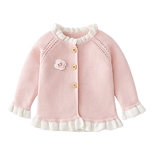 Simplee kids Baby Girls Pink Cardigan Long Sleeve Hand-Crocheted Flowers Toddler Knit Sweater Fall Winter for 12-18 Months - Image 1