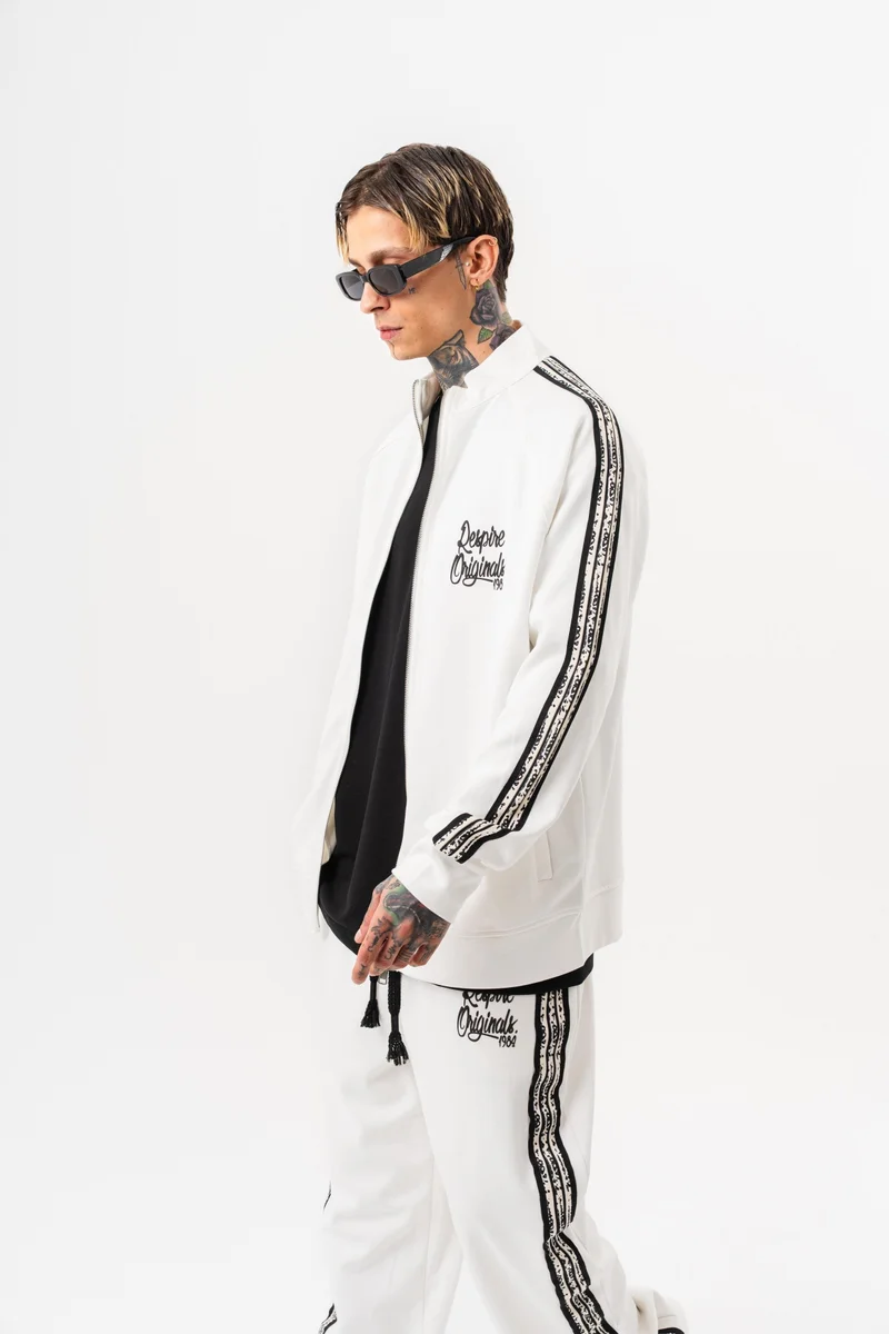 RESPIRE Men's Splash Striped Stand Collar Doubleface Zip Oversize Sweatshirt Ecru