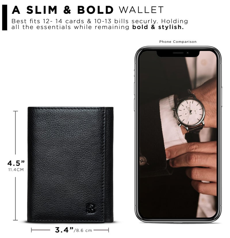 SERMAN BRANDS Trifold Wallet for Men - RFID Blocking Genuine Leather, 11 Card Slots & ID Window, Slim Everyday Carry, Durable Stitching, Gift for Him - Image 3