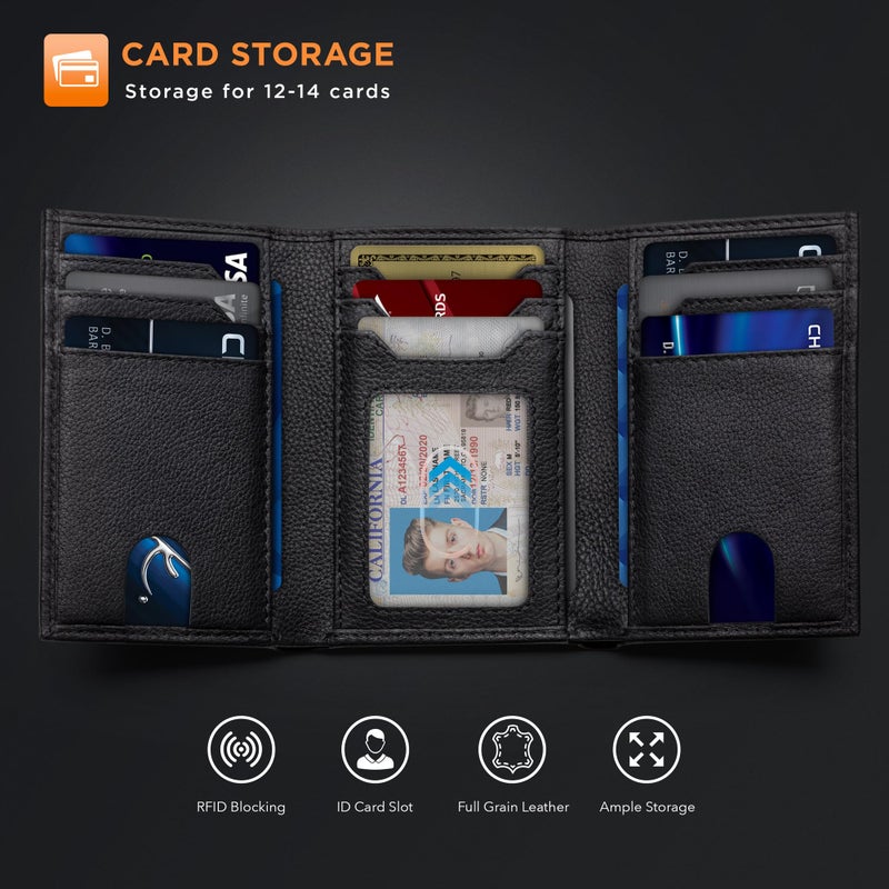 SERMAN BRANDS Trifold Wallet for Men - RFID Blocking Genuine Leather, 11 Card Slots & ID Window, Slim Everyday Carry, Durable Stitching, Gift for Him - Image 4