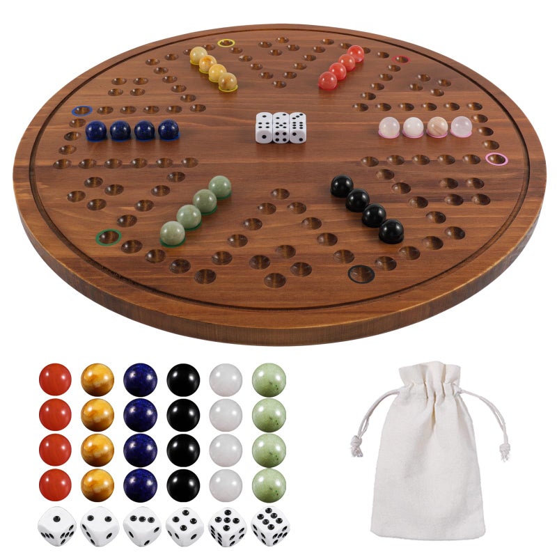 Wahartoly Circular Large Marble Board Game with DoubleSided Painted Wooden Fast Track Board Game with 24 Marbles 6 Dice4Player Game 6Player Game Universal Original Natural Marble Burnt Color - Image 3