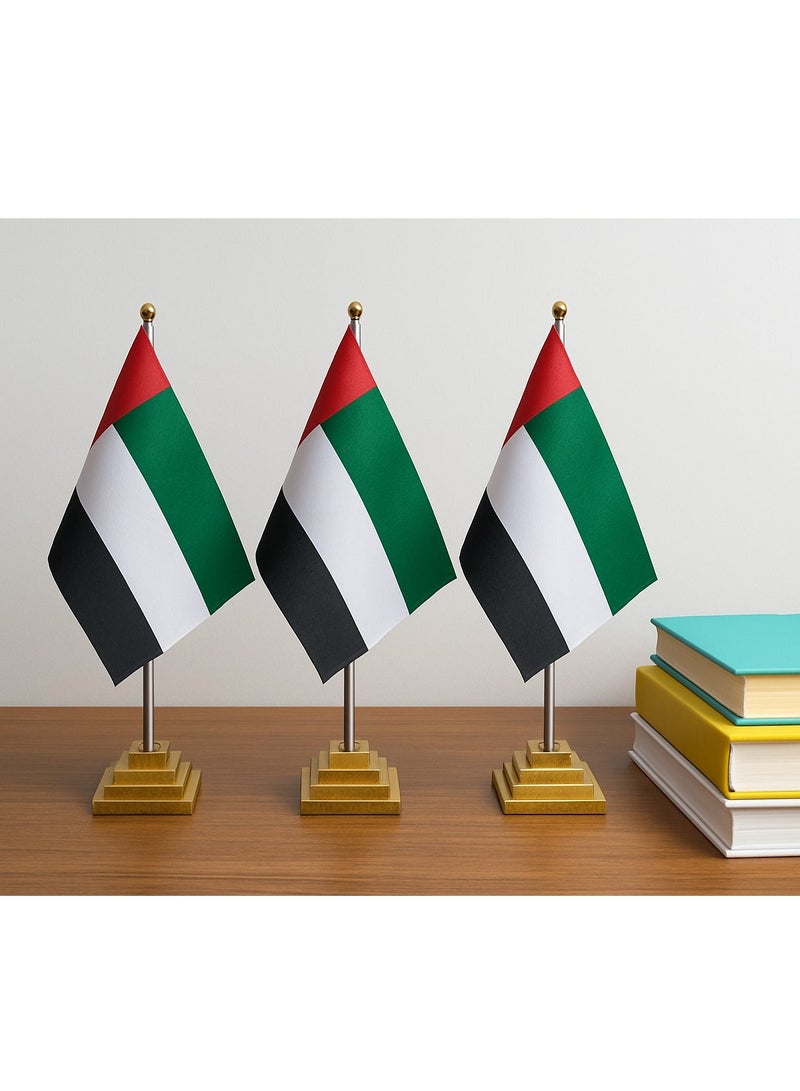 Souvenir Souq UAE National Day Decoration Desk FLAGS Satin  with  Stand 3 pcs - Image 1