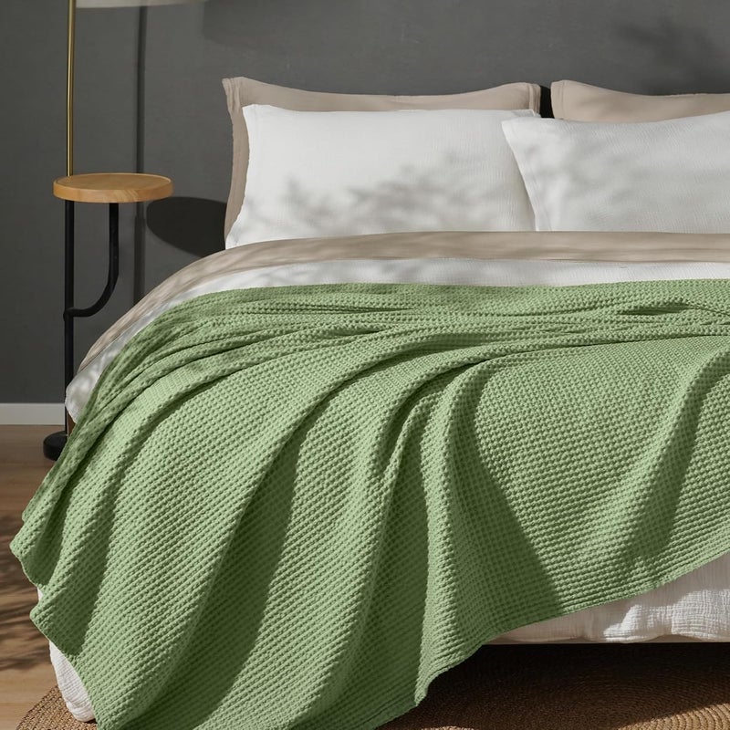 PHF Pre-Washed Cotton Waffle Weave Blanket Queen Size for Bed,Snag Proof Throw Blanket for Couch Spring Summer Lightweight Breathable,Oeko-TEX Certified,Machine Washable, Home Decor Gift-Loden Green - Image 1