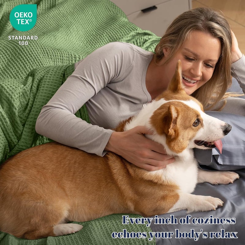 PHF Pre-Washed Cotton Waffle Weave Blanket Queen Size for Bed,Snag Proof Throw Blanket for Couch Spring Summer Lightweight Breathable,Oeko-TEX Certified,Machine Washable, Home Decor Gift-Loden Green - Image 3