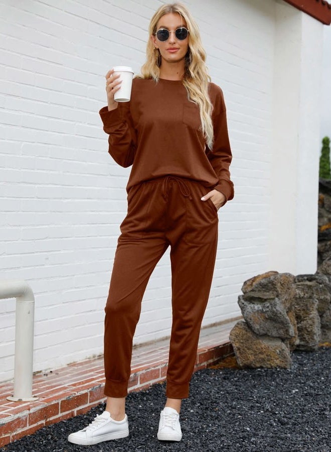 Bofell Two Piece Outfits for Women Trendy Fall Clothes Sweatsuit Loungewear Brown S - Image 3