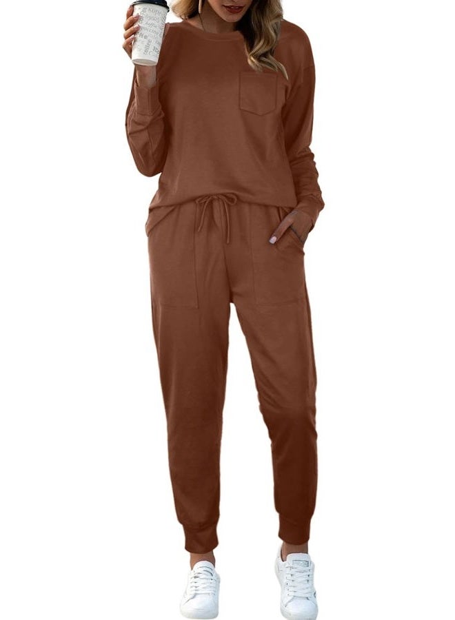 Bofell Two Piece Outfits for Women Trendy Fall Clothes Sweatsuit Loungewear Brown S - Image 5