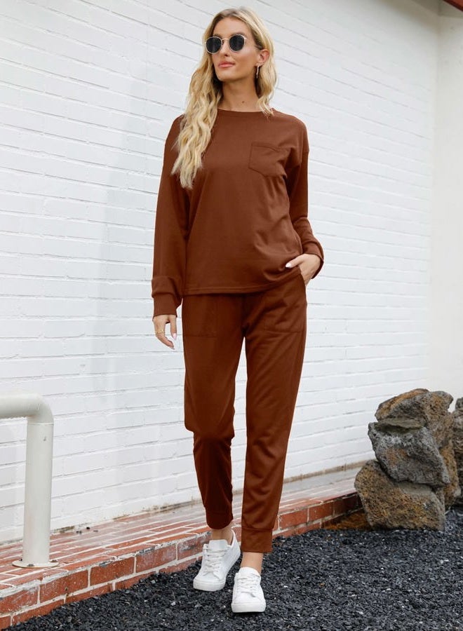 Bofell Two Piece Outfits for Women Trendy Fall Clothes Sweatsuit Loungewear Brown S - Image 2