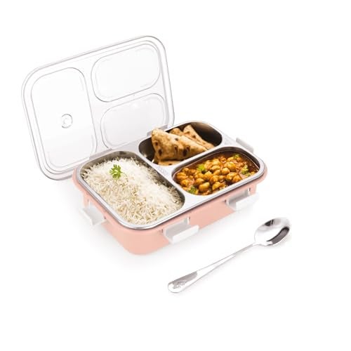 ATTRO Bento 3 Compartment Stainless Steel Lunch Box with Steel Cutlery Inside, Heating & Water Insulation Design Use for Office, School & Travelling, 750 Ml - Pink - Image 1