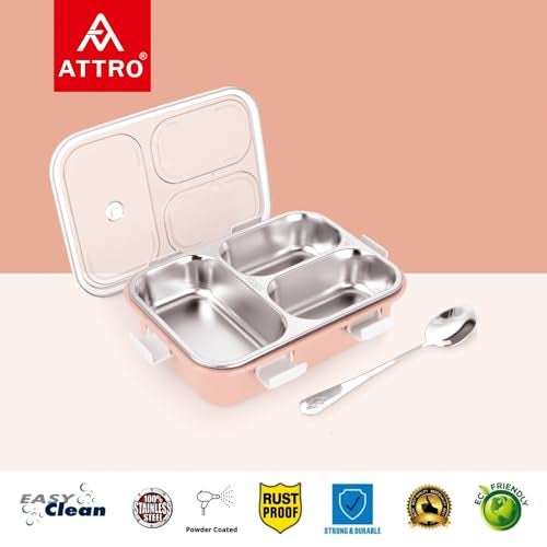 ATTRO Bento 3 Compartment Stainless Steel Lunch Box with Steel Cutlery Inside, Heating & Water Insulation Design Use for Office, School & Travelling, 750 Ml - Pink - Image 5