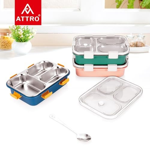 ATTRO Bento 3 Compartment Stainless Steel Lunch Box with Steel Cutlery Inside, Heating & Water Insulation Design Use for Office, School & Travelling, 750 Ml - Pink - Image 3