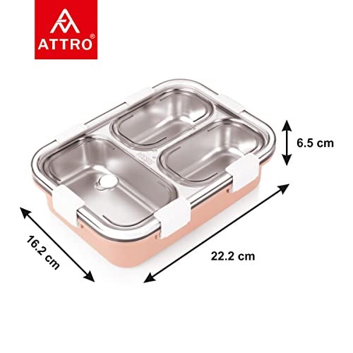 ATTRO Bento 3 Compartment Stainless Steel Lunch Box with Steel Cutlery Inside, Heating & Water Insulation Design Use for Office, School & Travelling, 750 Ml - Pink - Image 2
