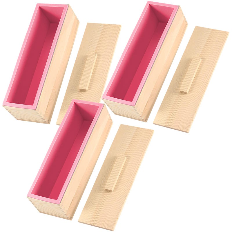 ZOENHOU 3PCS 42 oz Pink Soap Molds Flexible Rectangular Silicone Soap Making Molds Kit with Wood Box DIY Tool Set for Soap Making Supplies