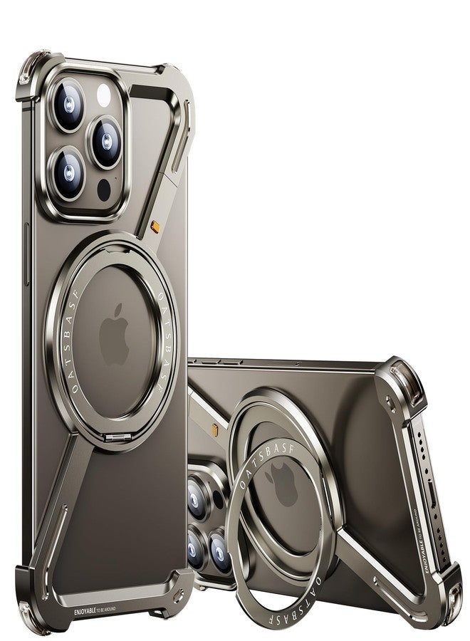 OATSBASF Minimalist Phone Case Compatible with iPhone 15 Pro 6.1", 360° Rotation Kickstand Aluminum Metal Frameless Design Bumper Z Case, Protective Shock Grade Shell, Natural Titanium - Image 1
