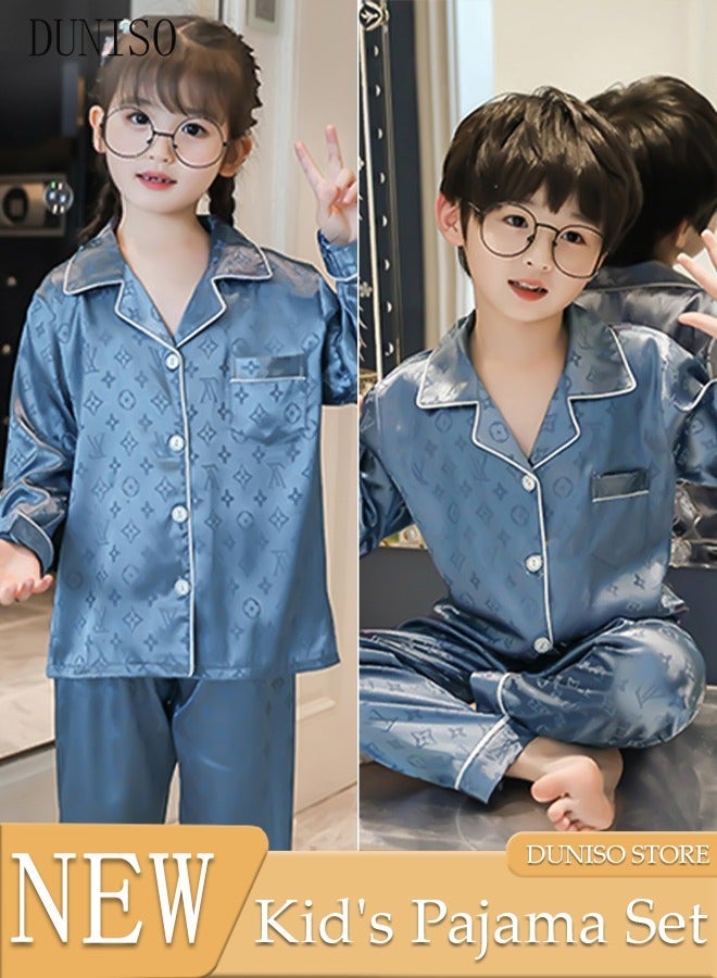 DUNISO 2 PCS kids Soft Pajamas Set Long Sleeve Silky Sleepwear Loungewear Button-Down Night Suit Home Wear Set for Summer Soft Loose Prints Nightwear for Girls and Boys - Image 1