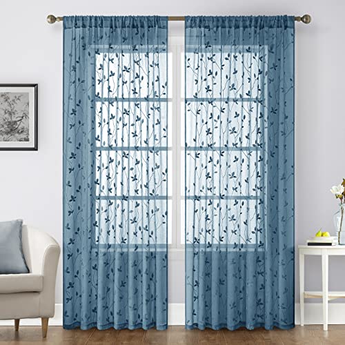 HOMEIDEAS Cyan Blue Sheer Curtains 52 X 84 Inches Length 2 Panels Embroidered Vine Floral Pattern Pocket Faux Linen Semi Sheer Voile Window Drapes for Bedroom Living Room