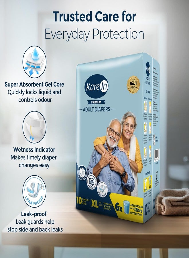 KareIn Premium Adult Diapers, Extra Large, Waist Size 127-165 cm (50"-59"), 10 Count, Tape Style, Unisex, High Absorbency, Leak Proof, Wetness Indicator - Image 4