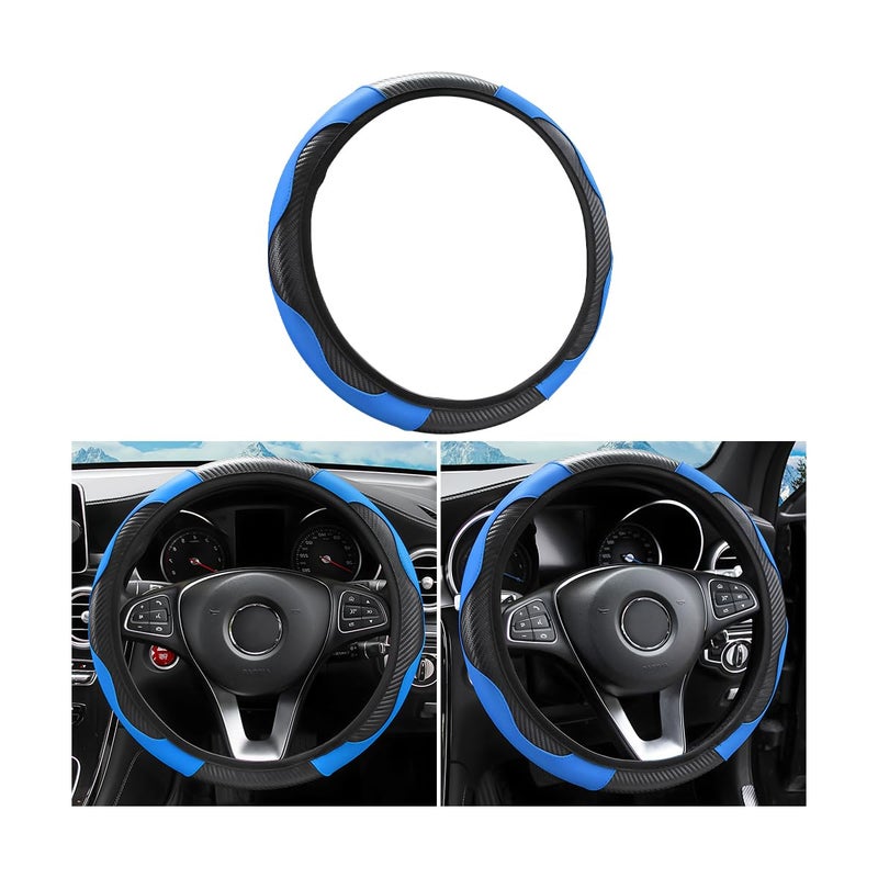 Car Steering Wheel Cover, Microfiber PU Leather Elastic Carbon Fiber Auto Steering Wheel Protector, 15 Inch Breathable Anti-Slip for Women Men, Car Interior Accessories for Most Cars (Black/Blue)