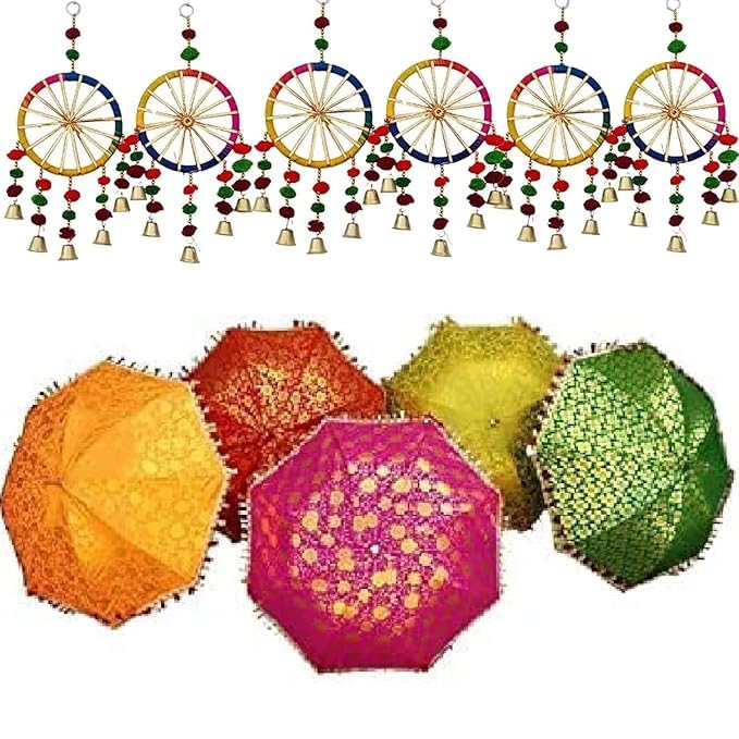 M2 Look 5 Pcs Wedding Umbrella and 6 Colourful Hanging Chakhri for Sangeet, Haldi & Mehendi Decoration - Image 1