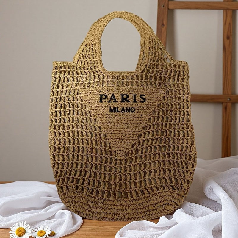 Women's Letter Embroidered Handwoven Crochet Straw Beach Bucket Bag - Image 1