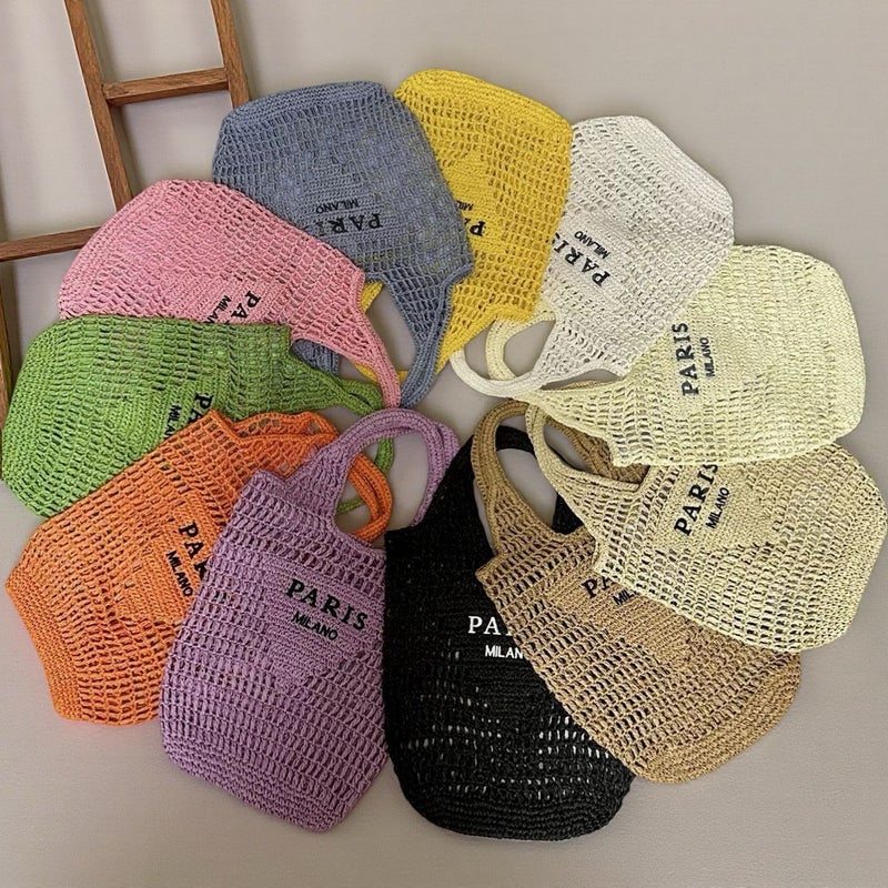 Women's Letter Embroidered Handwoven Crochet Straw Beach Bucket Bag - Image 2