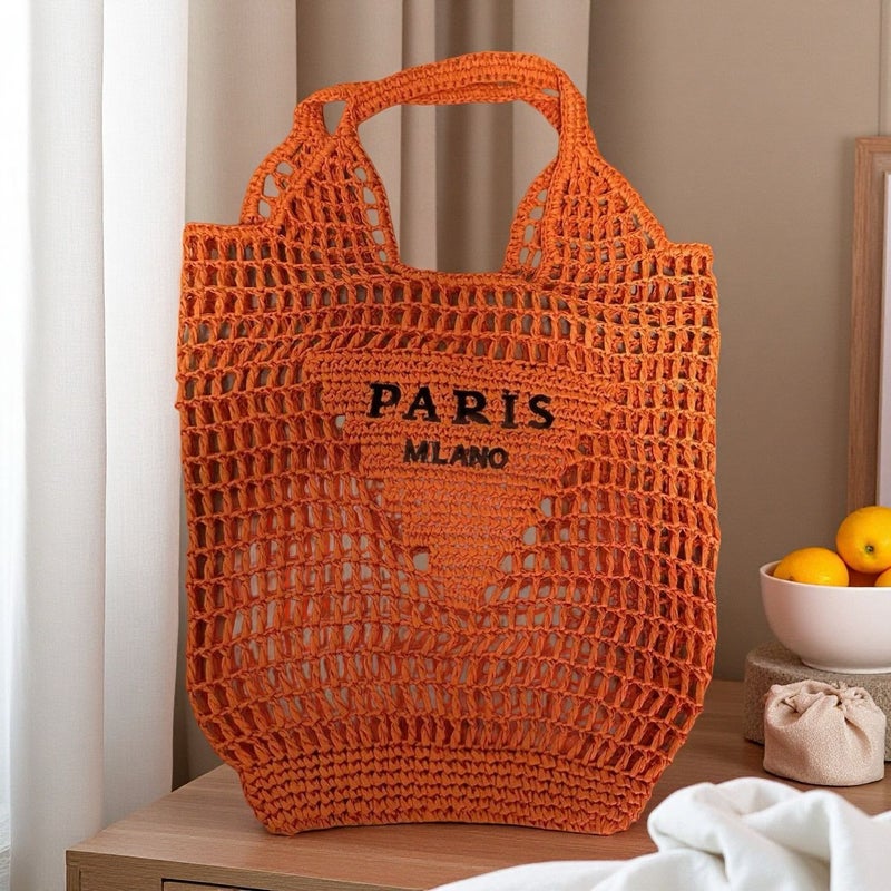 Women's Letter Embroidered Handwoven Crochet Straw Beach Bucket Bag - Image 4