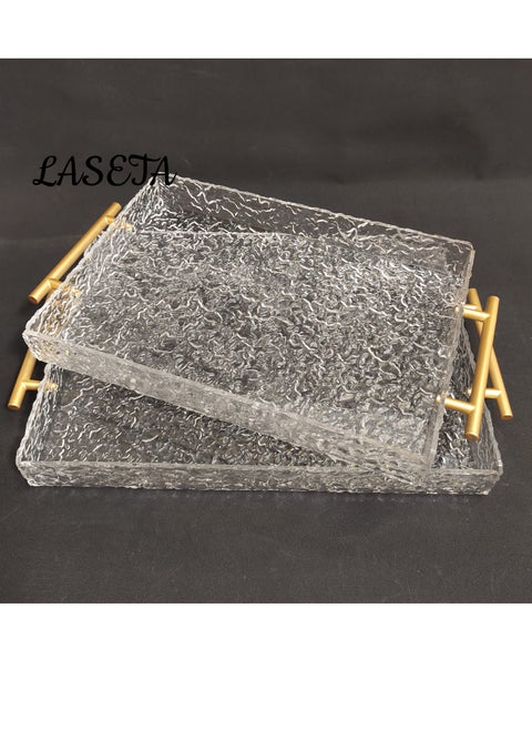 With Gold Polished Metal Handles wavy pattern Clear Acrylic Tray  Set of 2, Decorative Serving Tray for Coffee Table, Tea, Storage  Rectangular