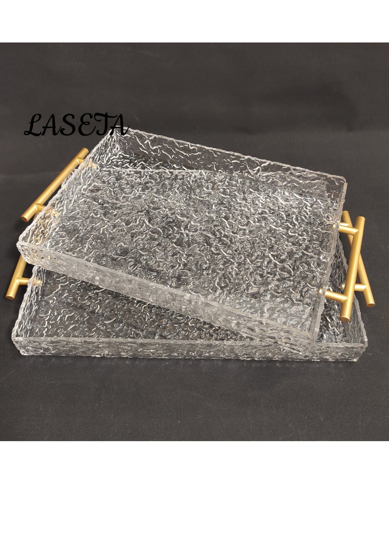 Laseta With Gold Polished Metal Handles wavy pattern Clear Acrylic Tray  Set of 2, Decorative Serving Tray for Coffee Table, Tea, Storage  Rectangular  - Image 1