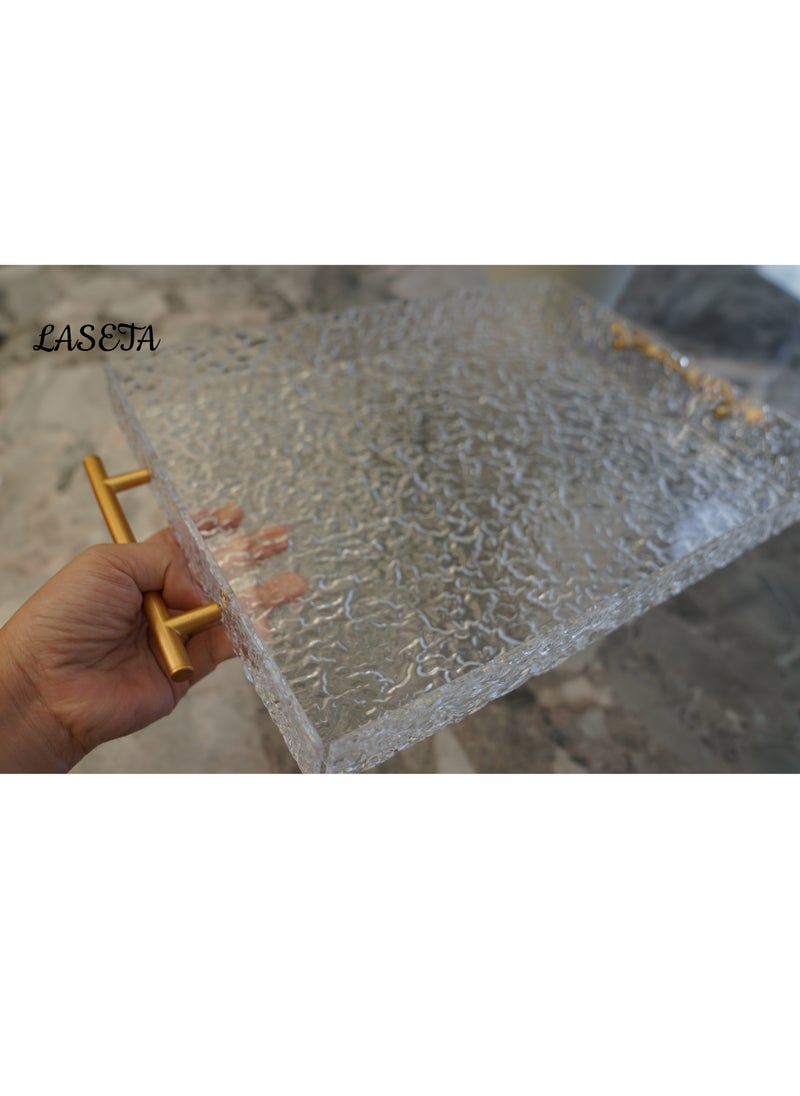 Laseta With Gold Polished Metal Handles wavy pattern Clear Acrylic Tray  Set of 2, Decorative Serving Tray for Coffee Table, Tea, Storage  Rectangular  - Image 2