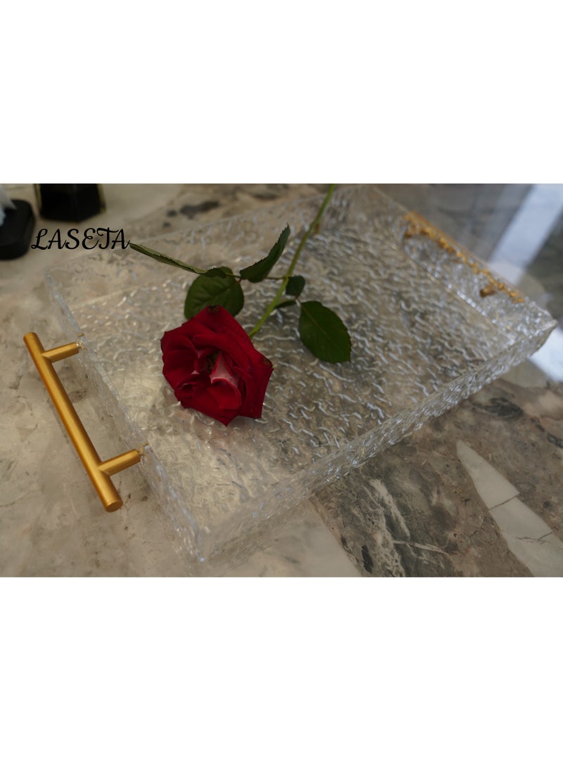 Laseta With Gold Polished Metal Handles wavy pattern Clear Acrylic Tray  Set of 2, Decorative Serving Tray for Coffee Table, Tea, Storage  Rectangular  - Image 5