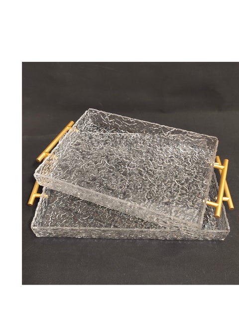 With Gold Polished Metal Handles wavy pattern Clear Acrylic Tray  Set of 2, Decorative Serving Tray for Coffee Table, Tea, Storage  Rectangular