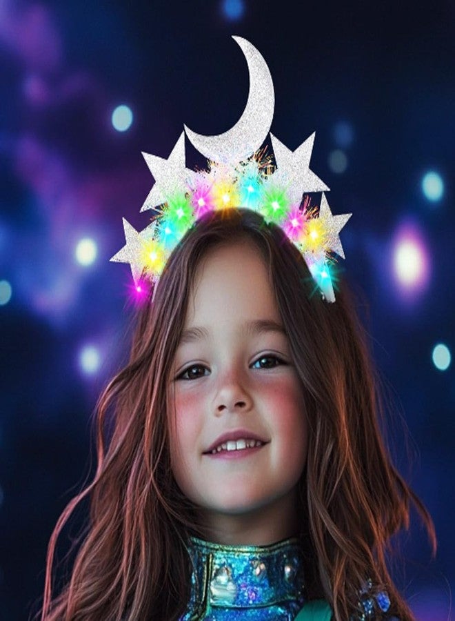 JONKY Light Up Star Headband Moon Stars Headpiece Glow Celestial Headbands Tinsel Costume Party Led Hair Accessories (A-Silver) - Image 4
