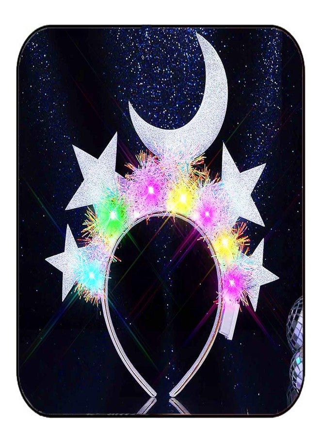 JONKY Light Up Star Headband Moon Stars Headpiece Glow Celestial Headbands Tinsel Costume Party Led Hair Accessories (A-Silver) - Image 1