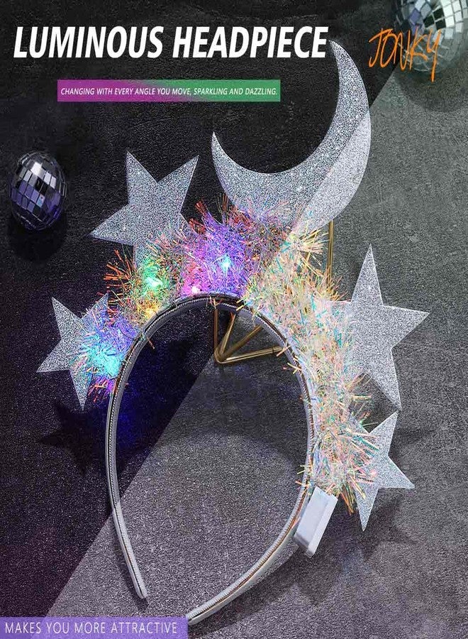 JONKY Light Up Star Headband Moon Stars Headpiece Glow Celestial Headbands Tinsel Costume Party Led Hair Accessories (A-Silver) - Image 3