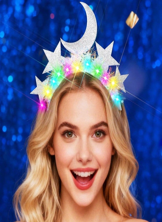 JONKY Light Up Star Headband Moon Stars Headpiece Glow Celestial Headbands Tinsel Costume Party Led Hair Accessories (A-Silver) - Image 2