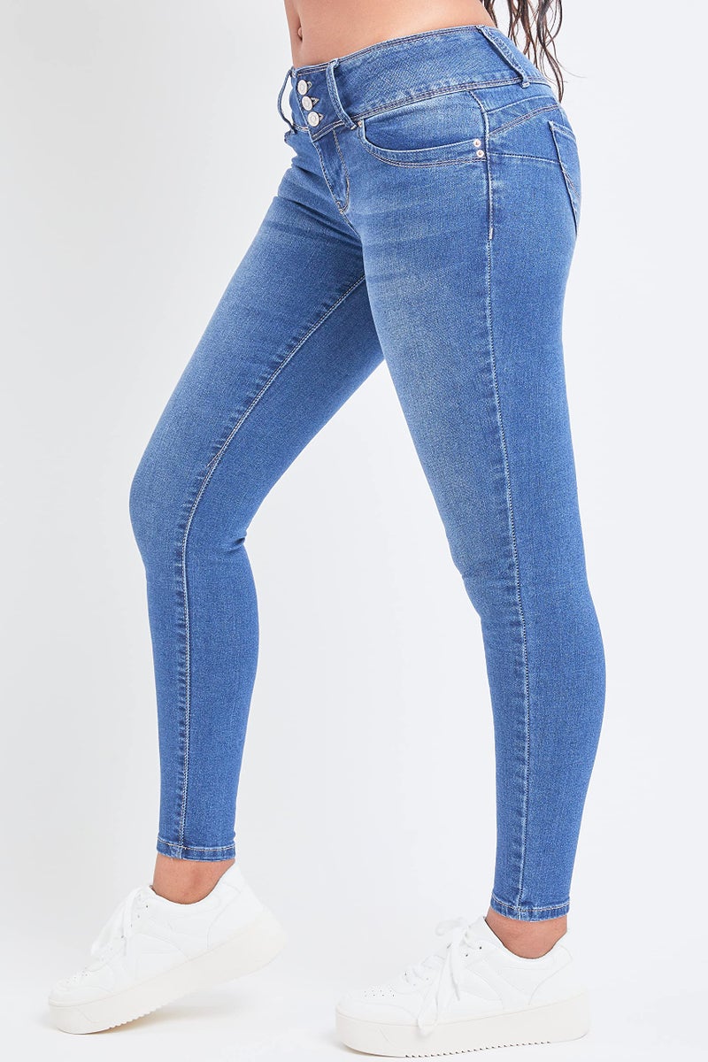 YMI Womens Junior Mid-Rise Wannabettabutt 3-Button Recycled Fibers Skinny Jeans, M08, 7 US - Image 2