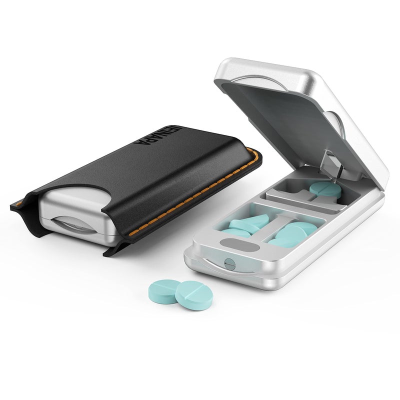 JEINAPA Aluminum Pill Splitter Cutter with Auto Centering Device, 316L Stainless Blade, Genuine Leather Case, Professional Pill Splitter for Cutting Small or Large Pills (Silver) - Image 1