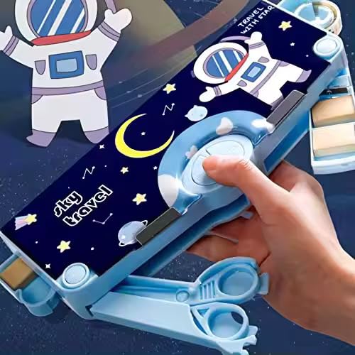 STOFFIER GARTEN Kawaii Cute Cartoon Astronaut Theme Multifunction Pencil Case with Scissors, Ruler, Pencil, Eraser, and Sharpener, Stationery Bag for Boys and Girls (Multicolor) - Image 4